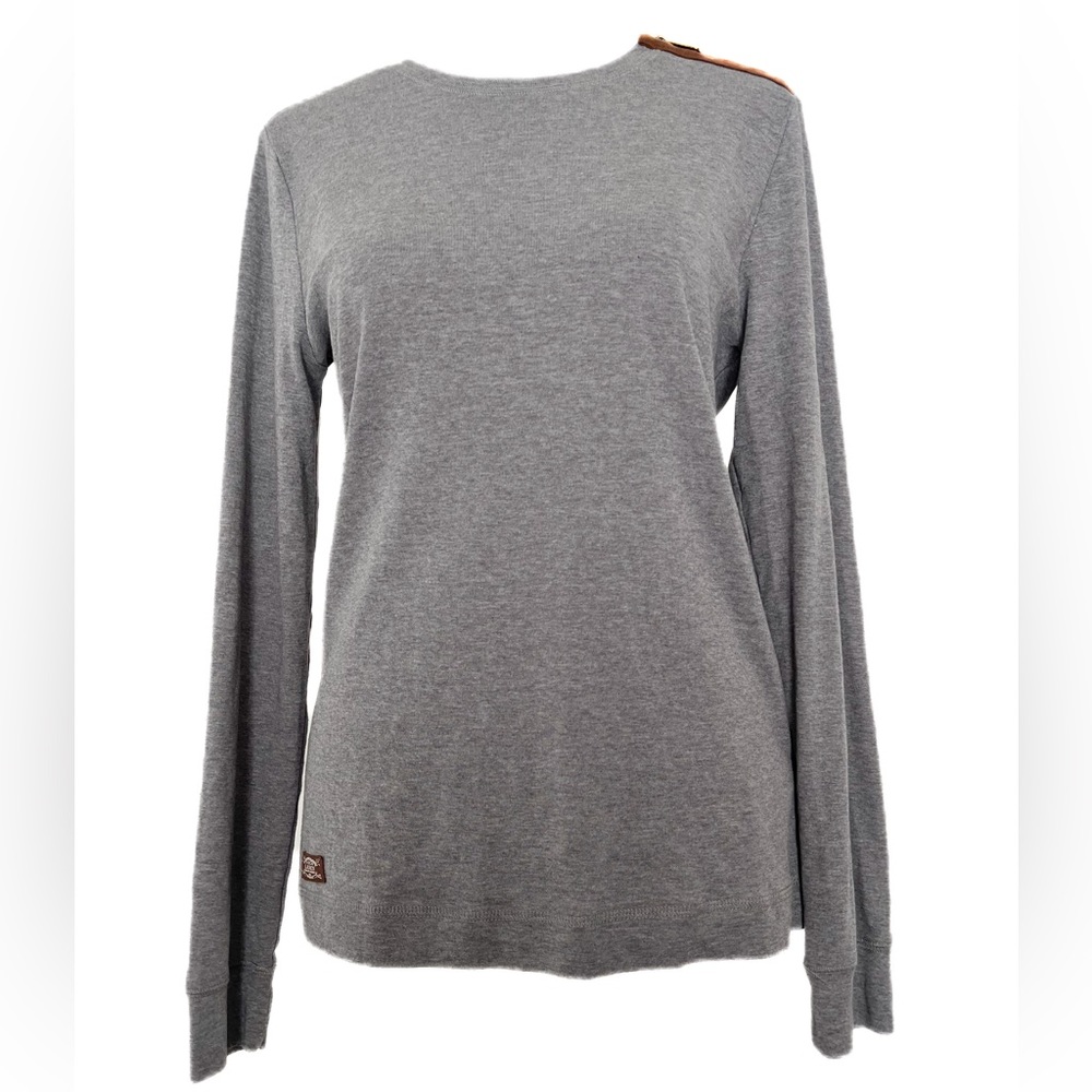 Ralph Lauren Heather Gray Fitted Long Sleeve Tee With Faux Leather Accents